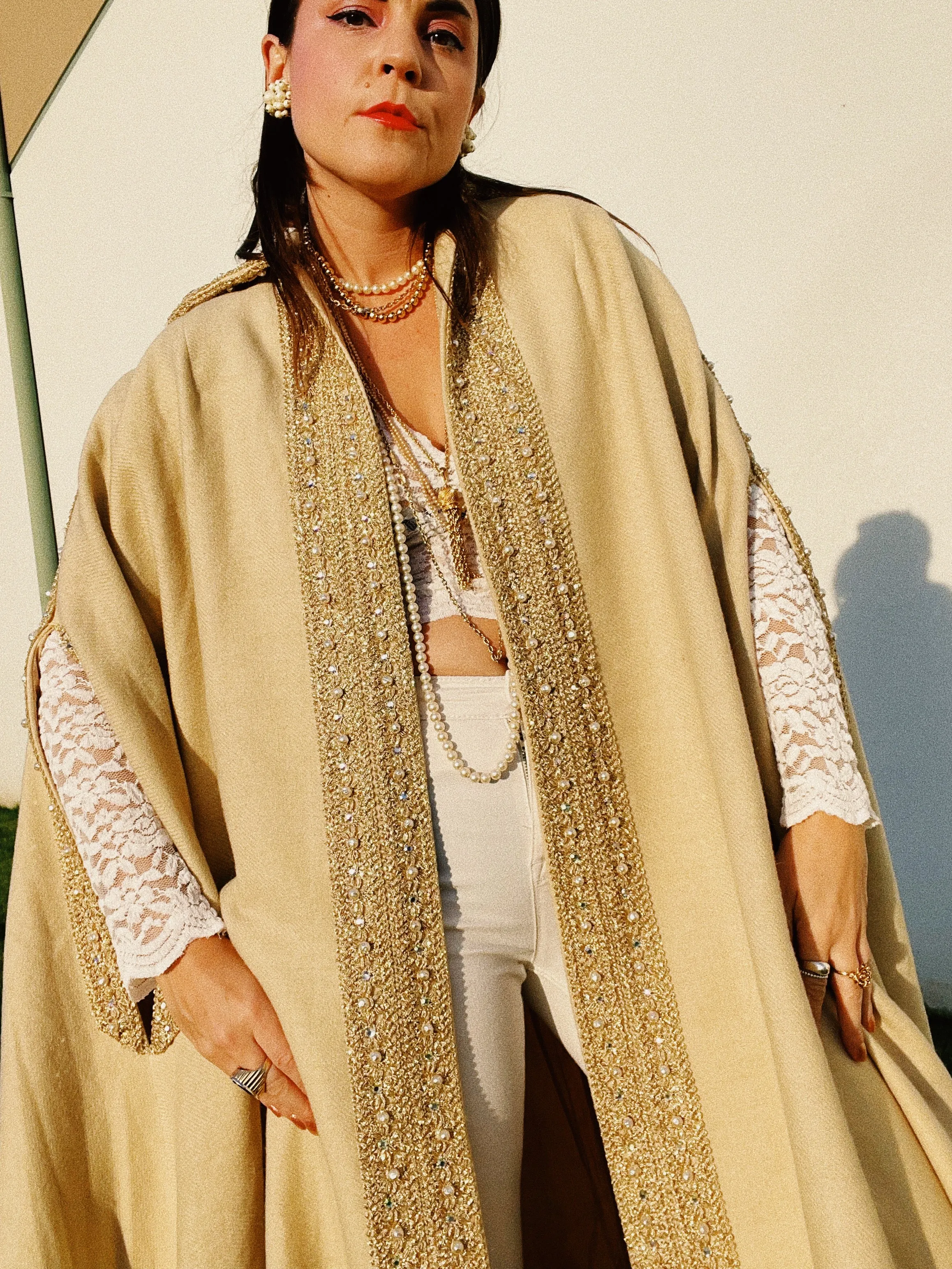 Beaded Trim Wool Poncho