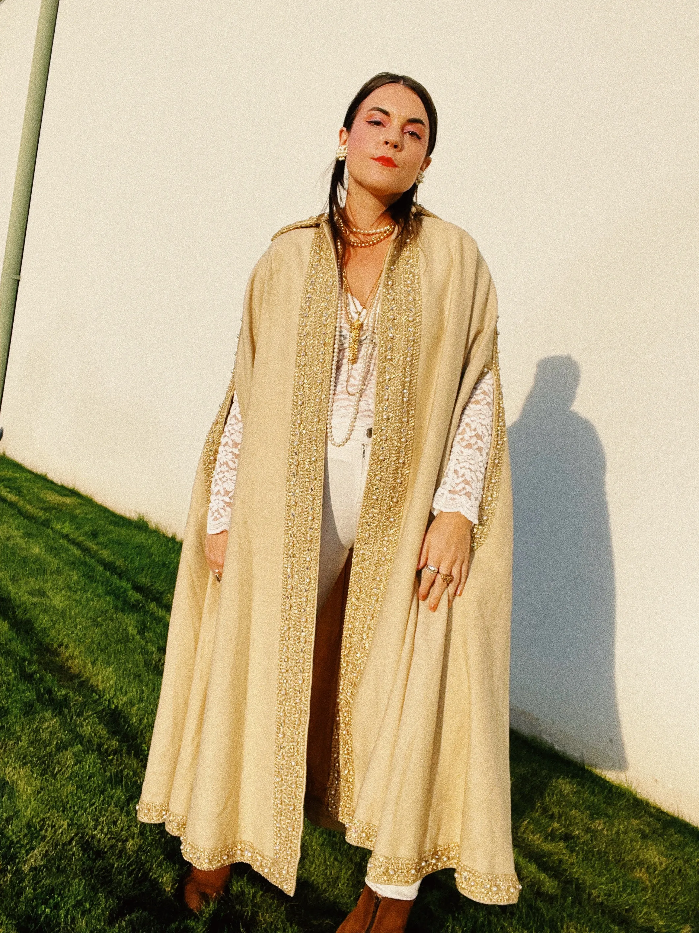 Beaded Trim Wool Poncho