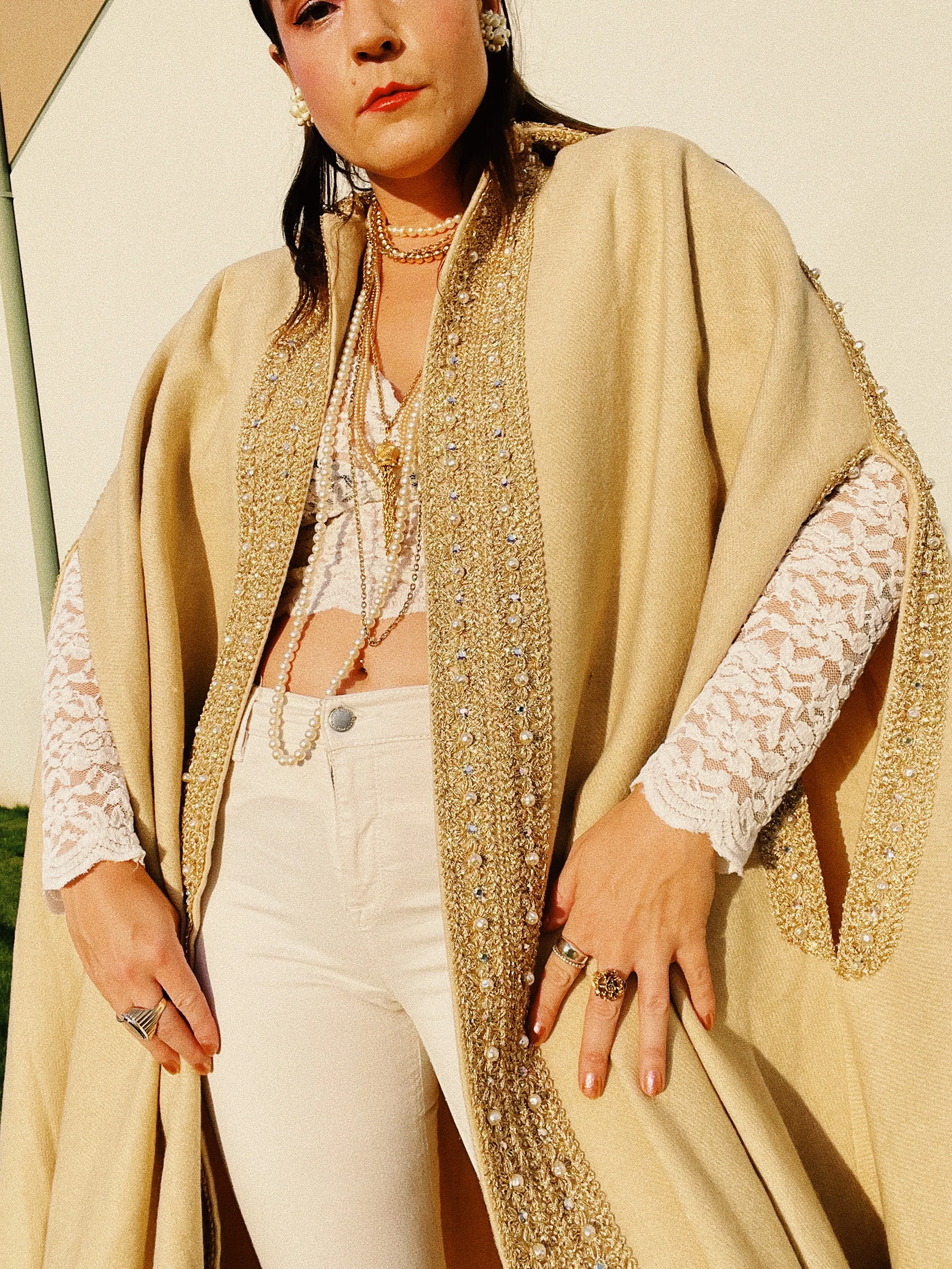 Beaded Trim Wool Poncho