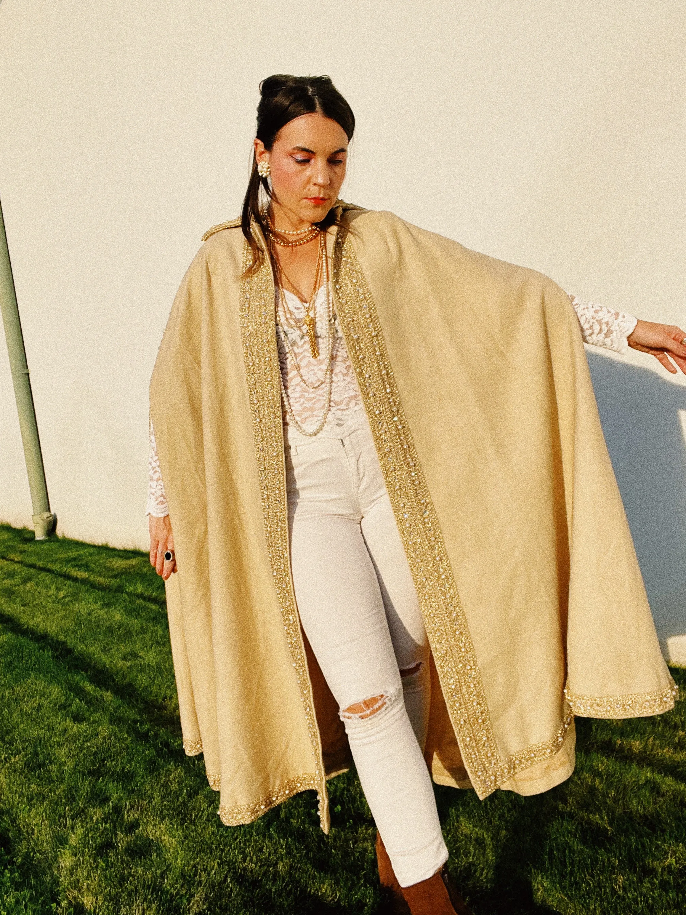 Beaded Trim Wool Poncho