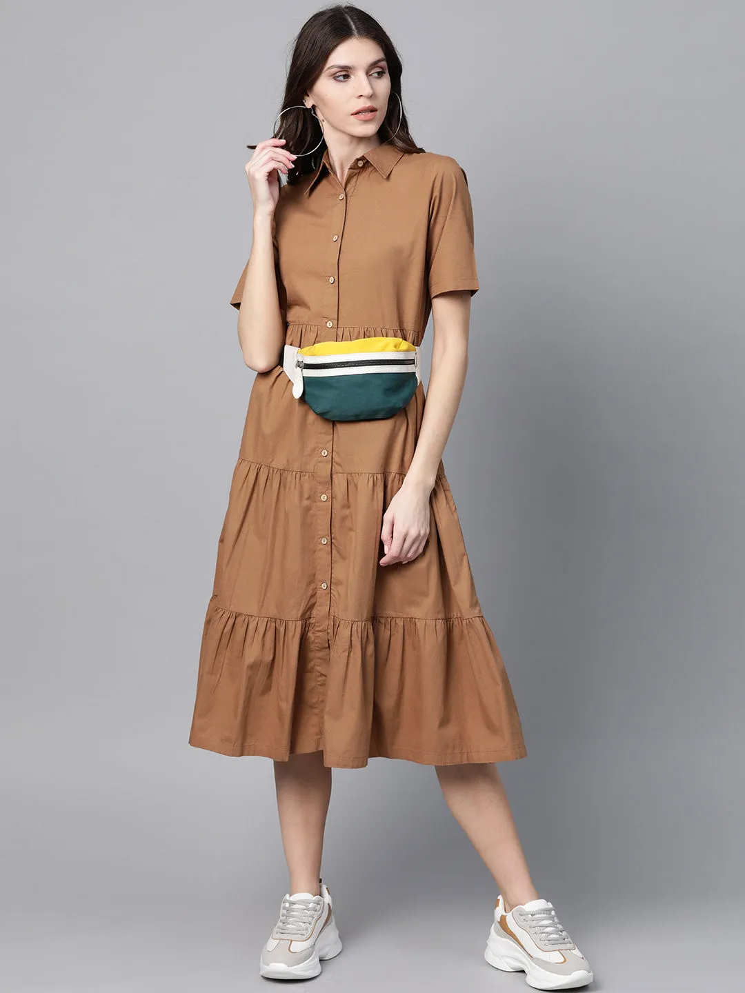 Brown Tiered Shirt Dress