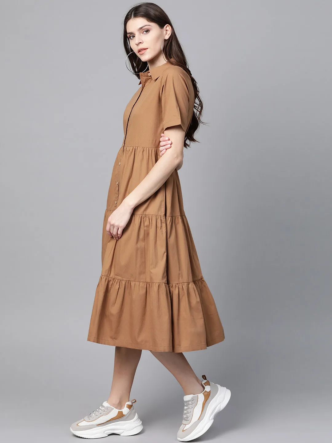 Brown Tiered Shirt Dress