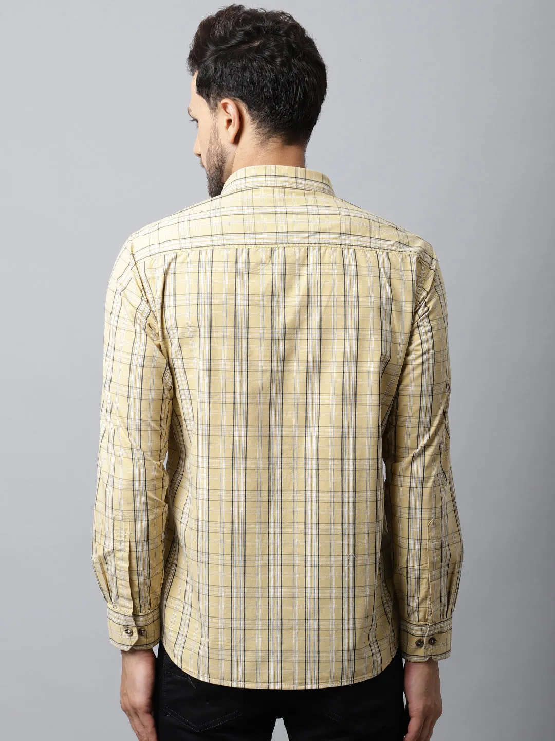 Cantabil Cotton Checkered Yellow Full Sleeve Casual Shirt for Men with Pocket
