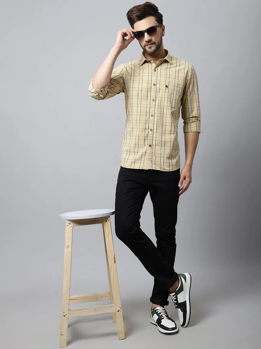 Cantabil Cotton Checkered Yellow Full Sleeve Casual Shirt for Men with Pocket