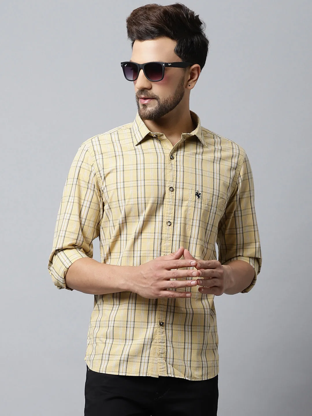 Cantabil Cotton Checkered Yellow Full Sleeve Casual Shirt for Men with Pocket