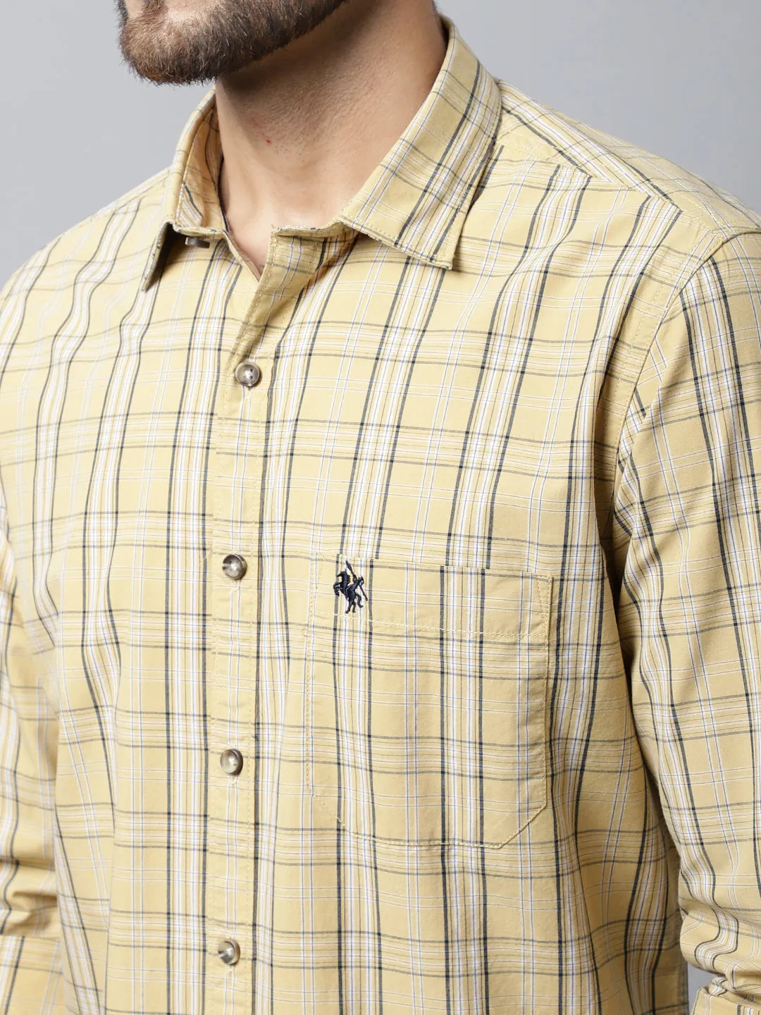 Cantabil Cotton Checkered Yellow Full Sleeve Casual Shirt for Men with Pocket