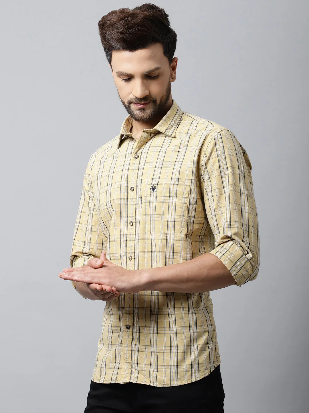 Cantabil Cotton Checkered Yellow Full Sleeve Casual Shirt for Men with Pocket