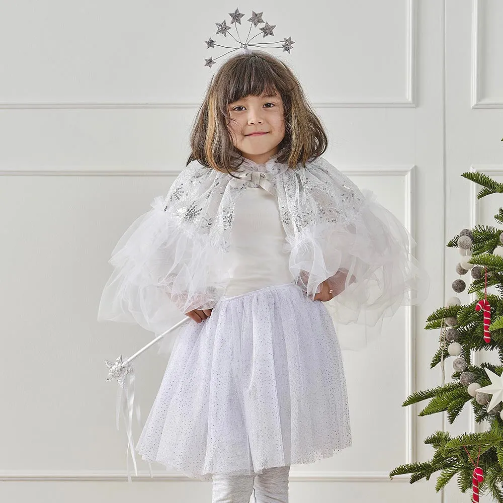 Cape de princesse en tulle blanc et argent