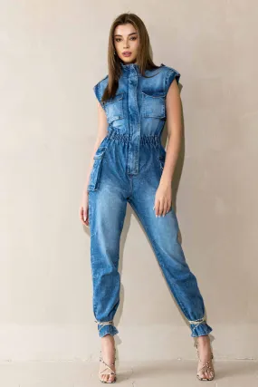 Cargo Pockets Rolled Sleeve Jumpsuit