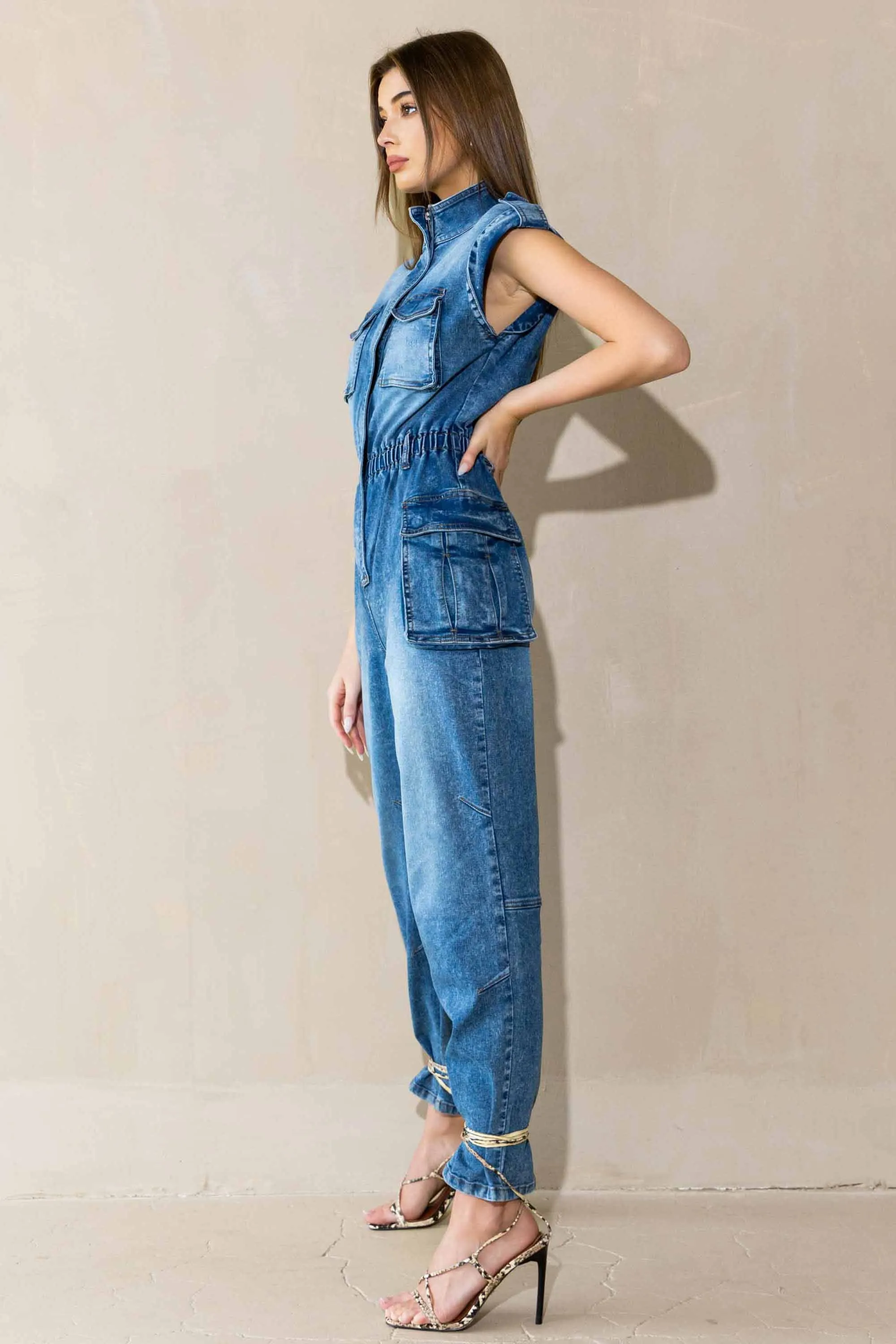 Cargo Pockets Rolled Sleeve Jumpsuit
