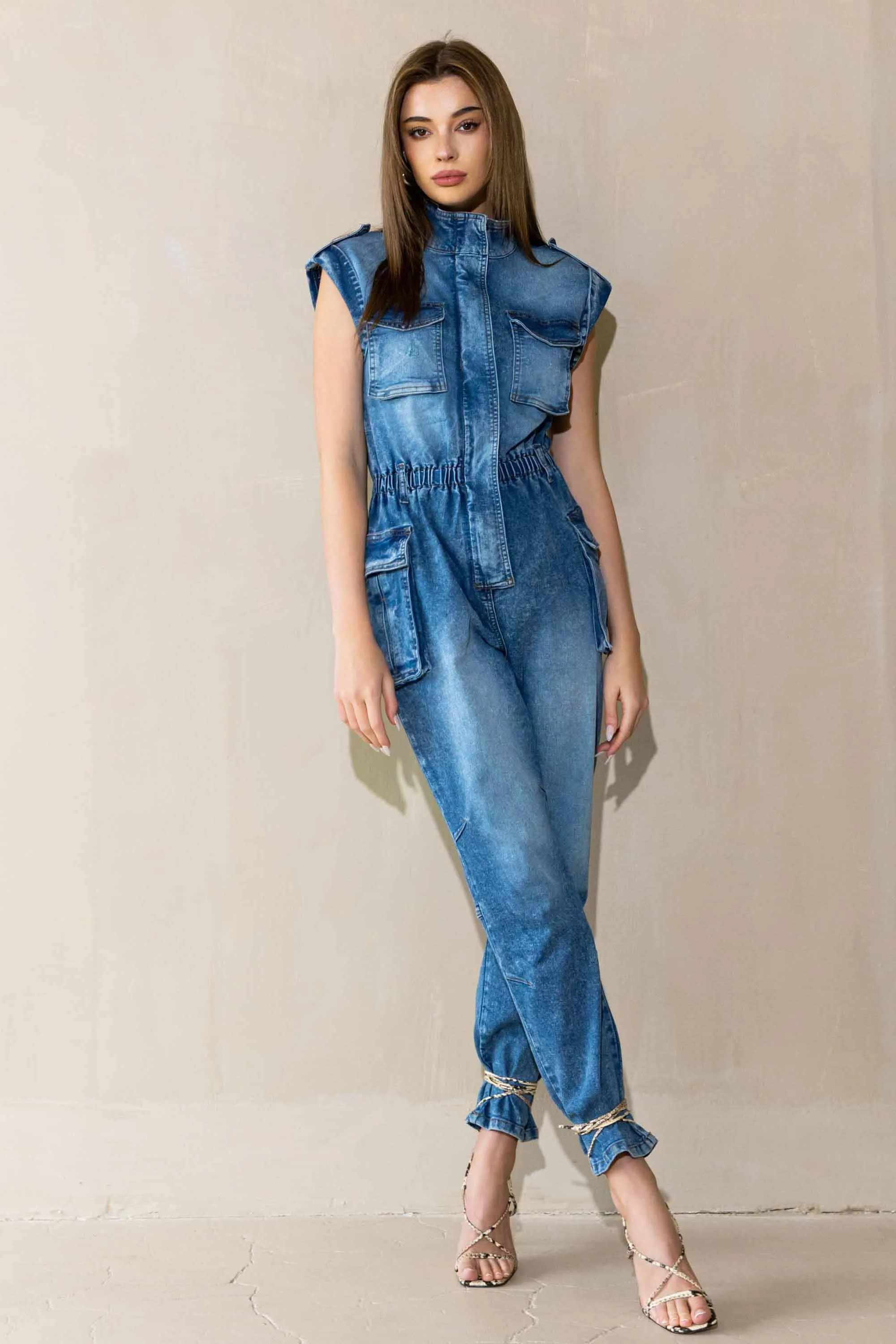 Cargo Pockets Rolled Sleeve Jumpsuit