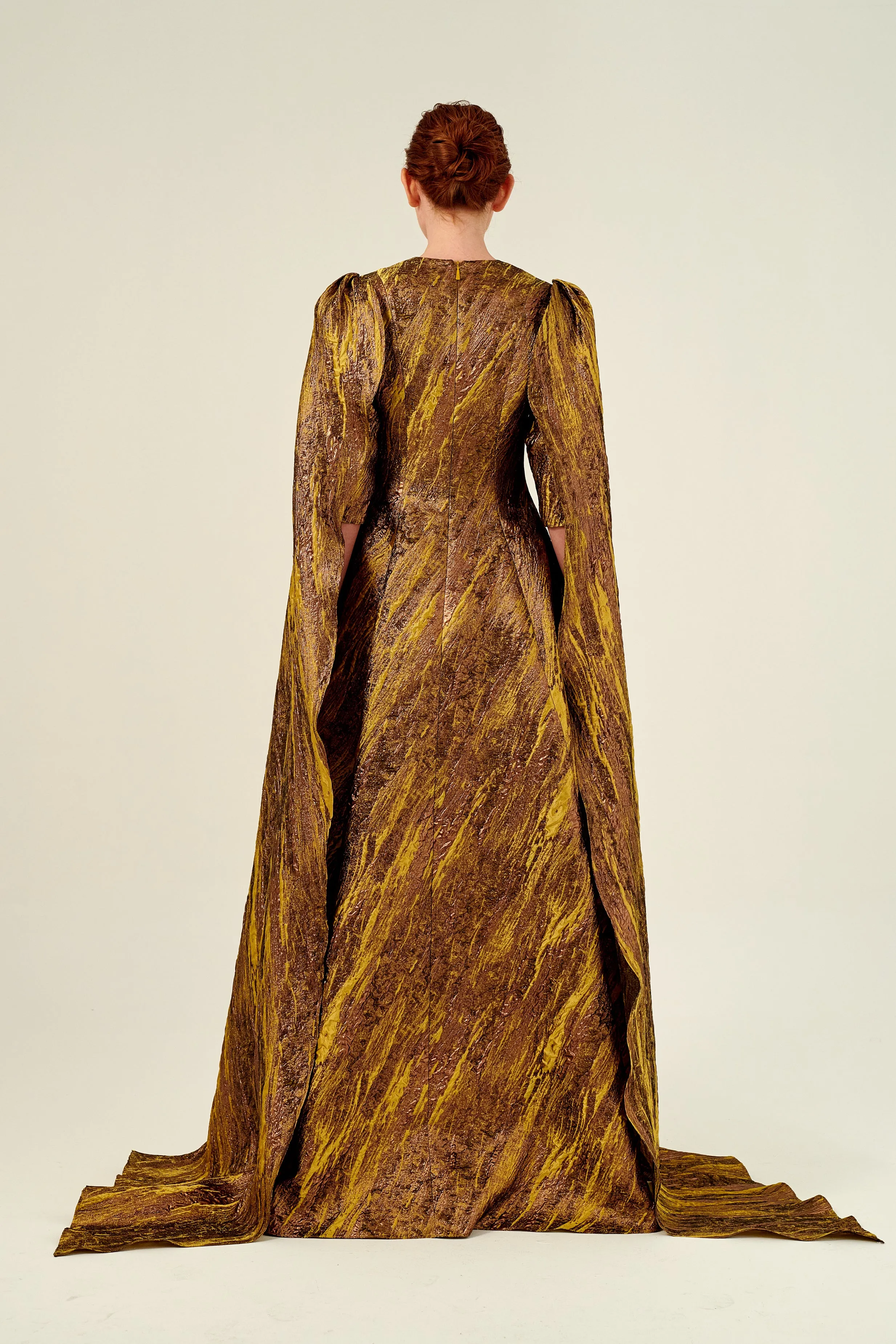 Crew Neckline With Removable Cape Sleeves Detail Long Jacquard Dress