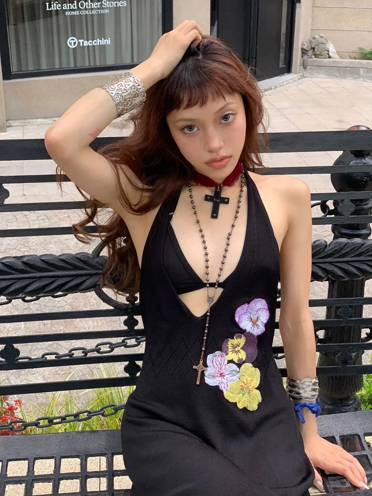 Embroidery knitted dress purple/black
