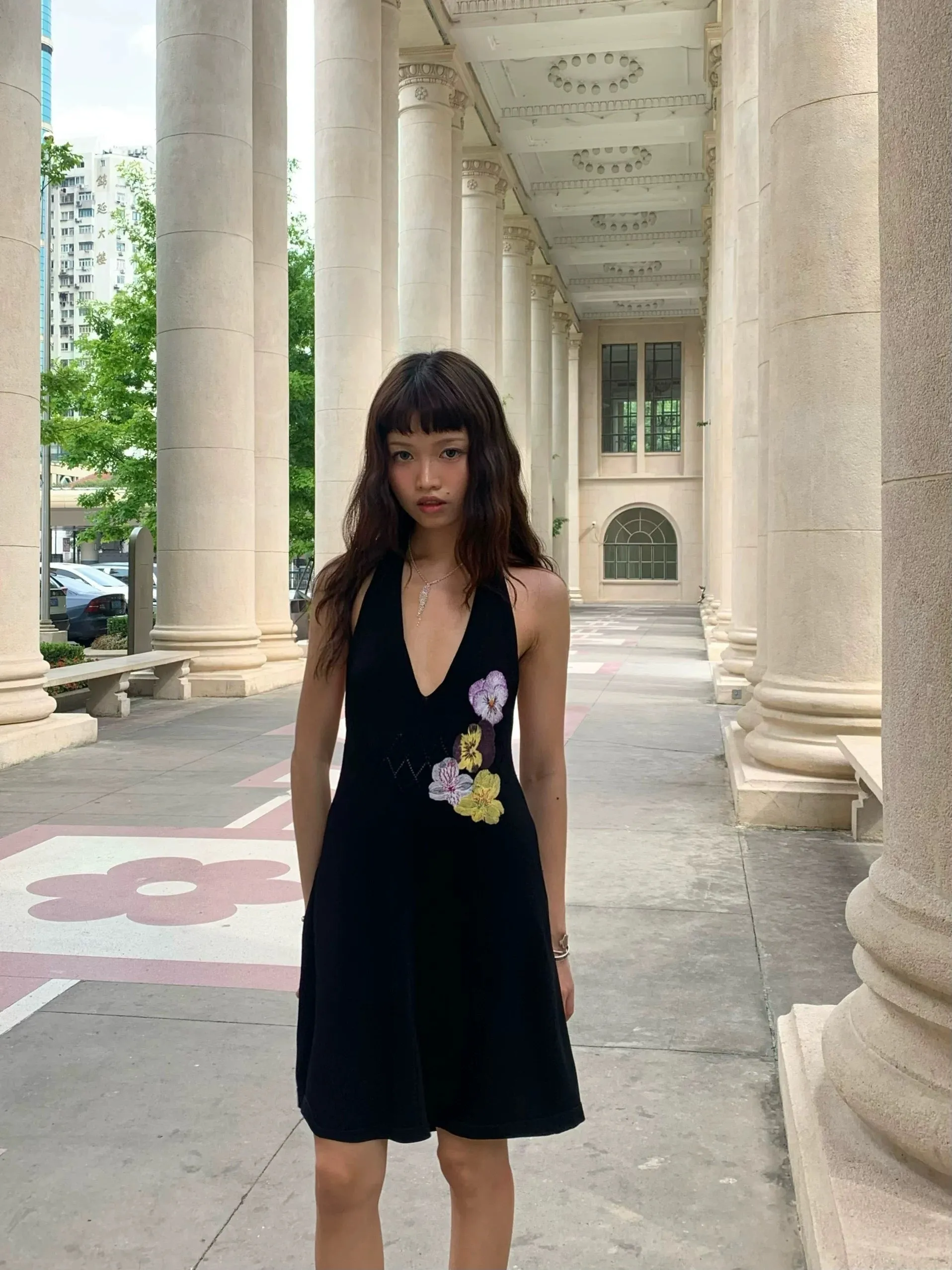 Embroidery knitted dress purple/black