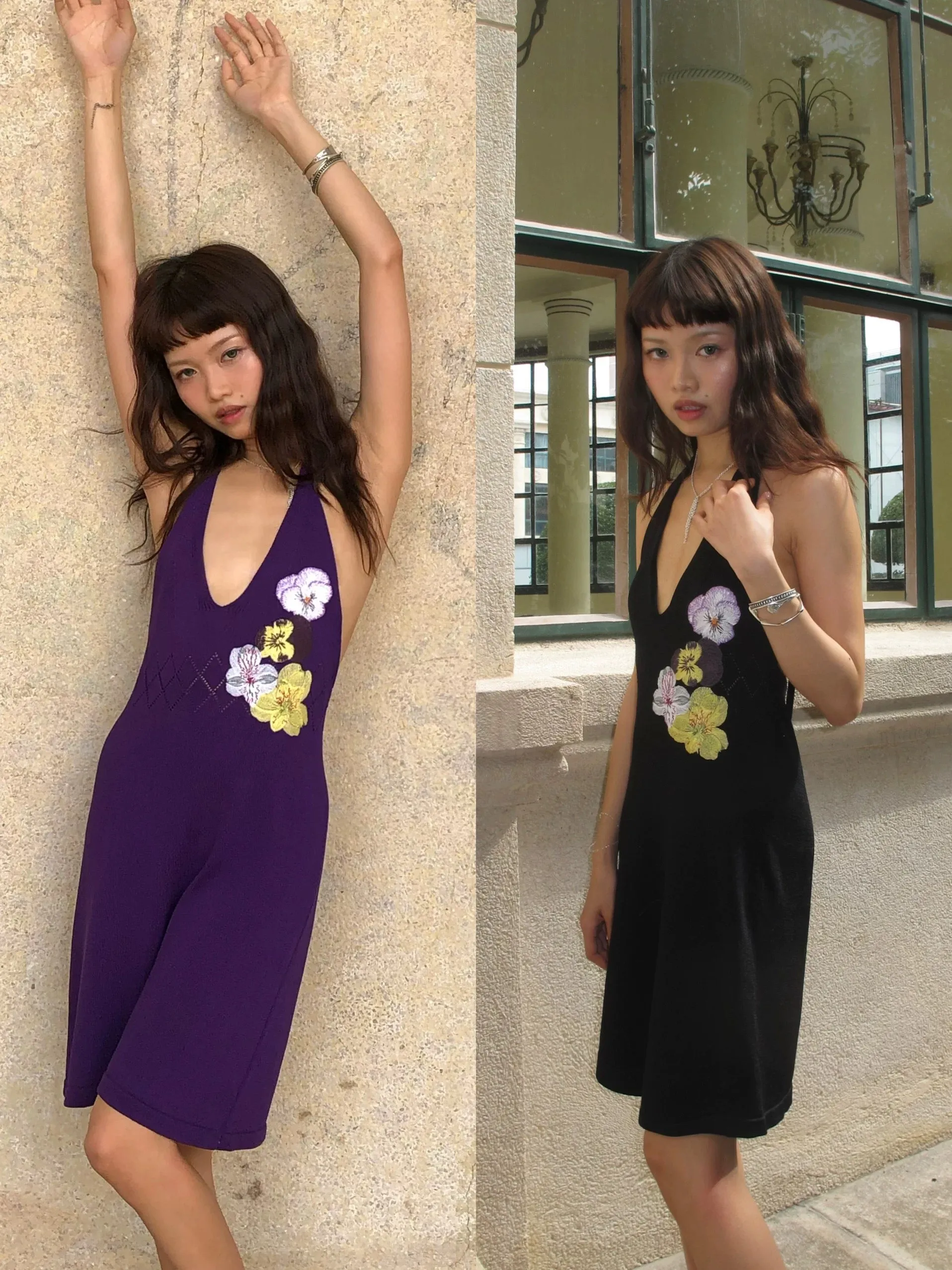 Embroidery knitted dress purple/black