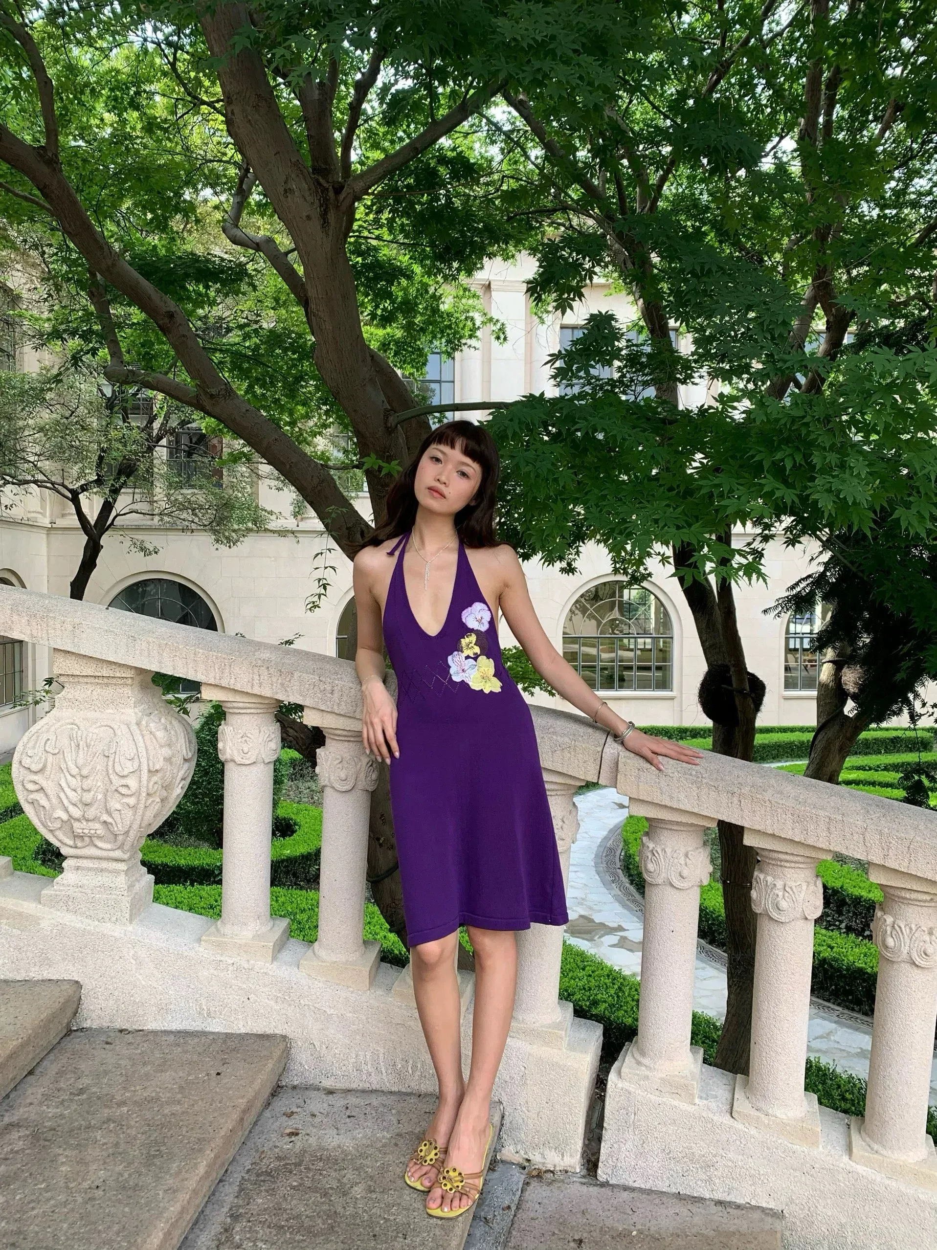 Embroidery knitted dress purple/black