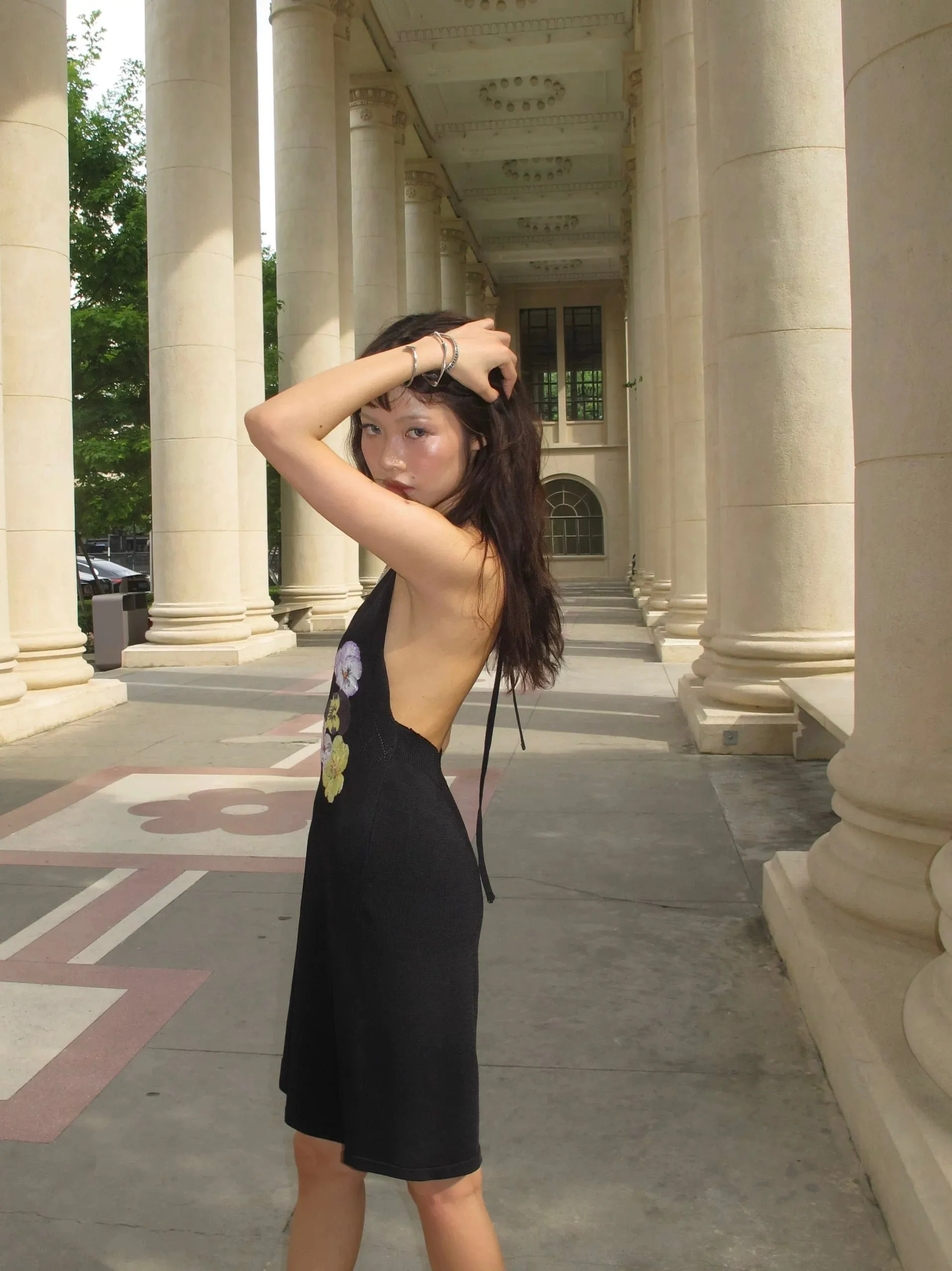 Embroidery knitted dress purple/black
