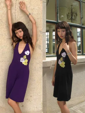 Embroidery knitted dress purple/black