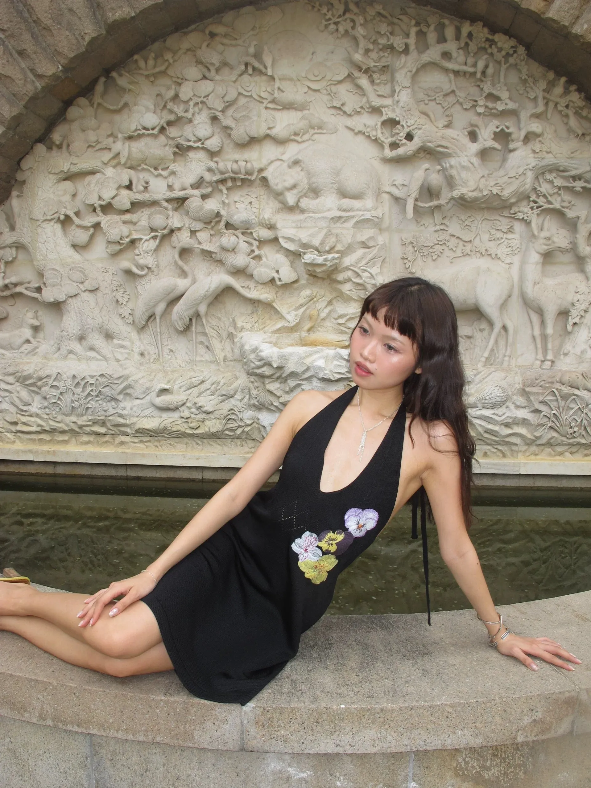 Embroidery knitted dress purple/black