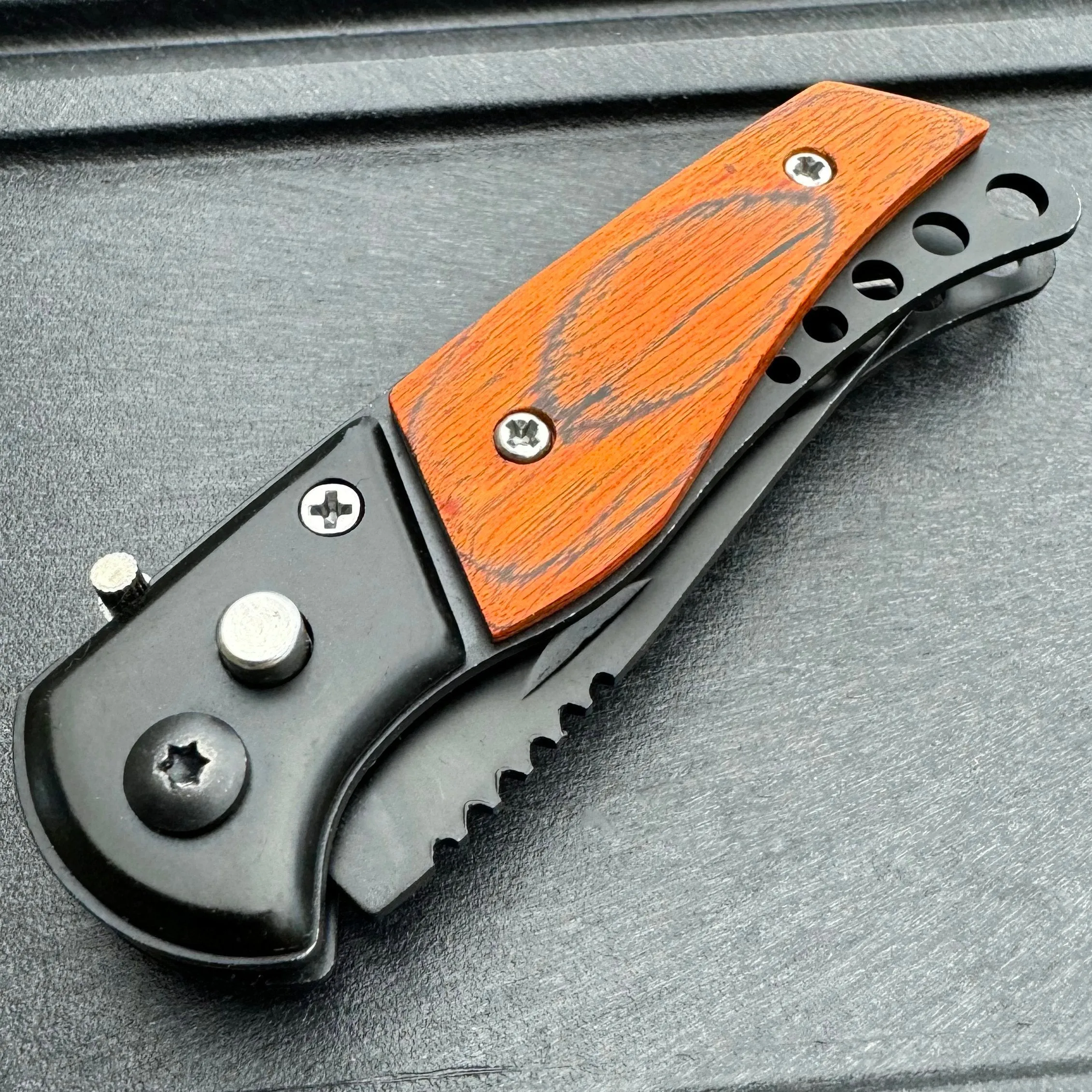 Everyday Carry Mini Covert Auto Pocket Knife Black w/ Wood