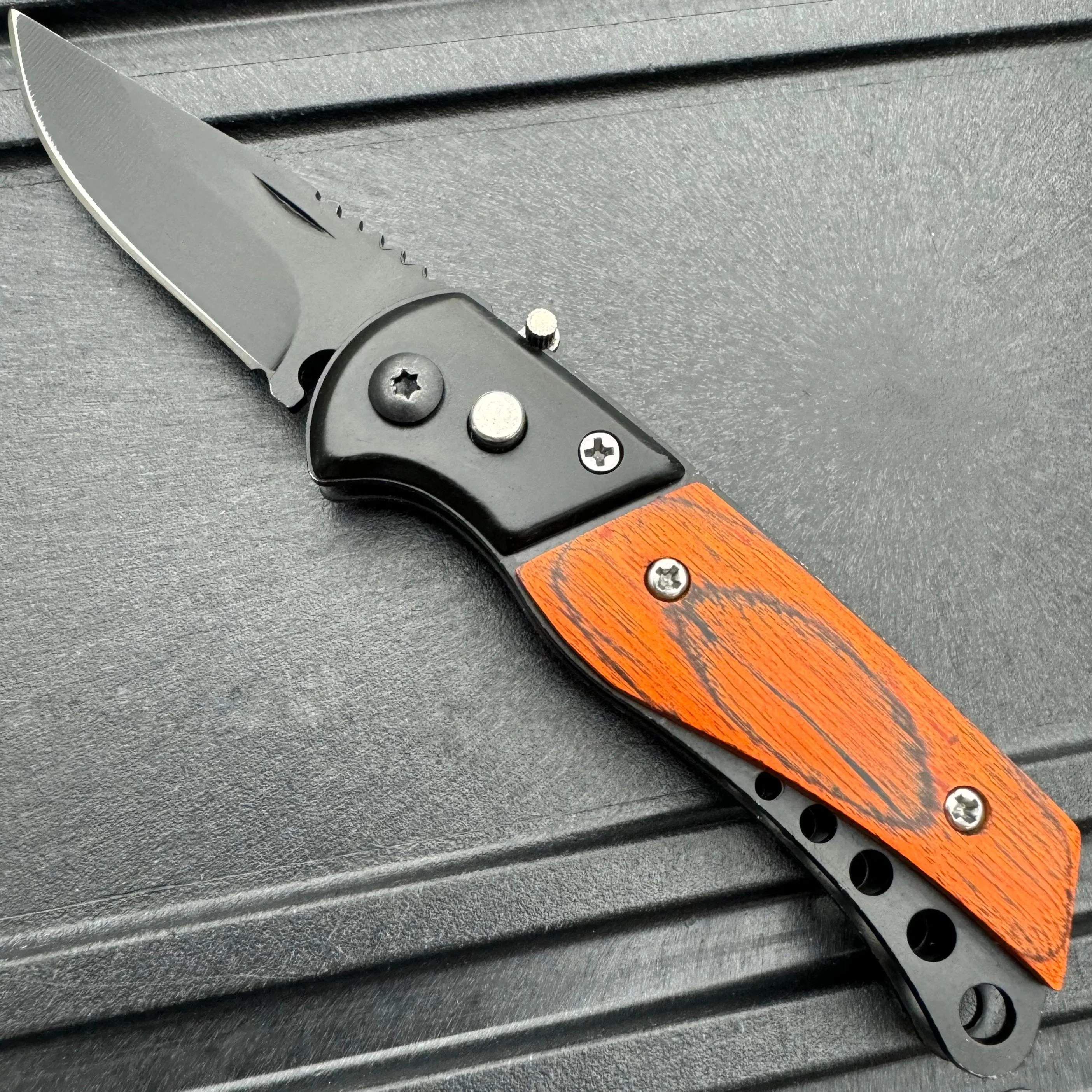 Everyday Carry Mini Covert Auto Pocket Knife Black w/ Wood