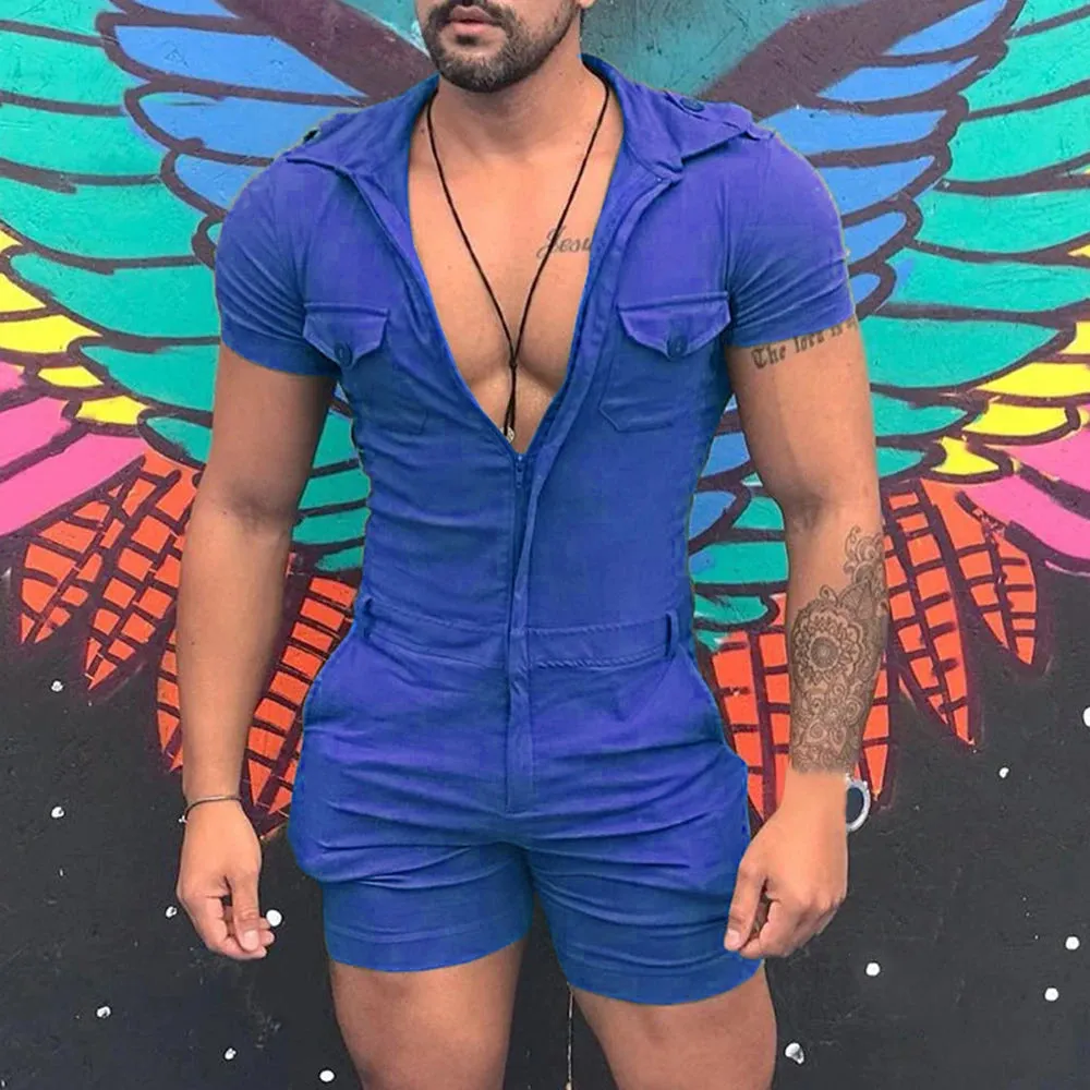 Fashion Jumpsuits for Men 2024 Summer Clothing Solid Color Short Sleeve Overalls Casual Street Wear Work Male Cargo Y2K Clothes
