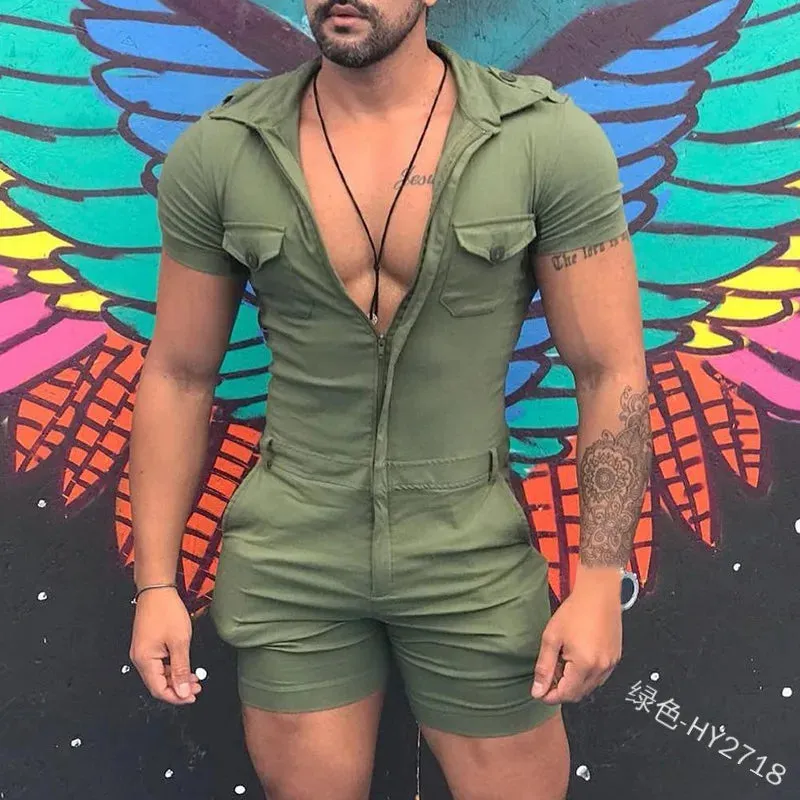 Fashion Jumpsuits for Men 2024 Summer Clothing Solid Color Short Sleeve Overalls Casual Street Wear Work Male Cargo Y2K Clothes