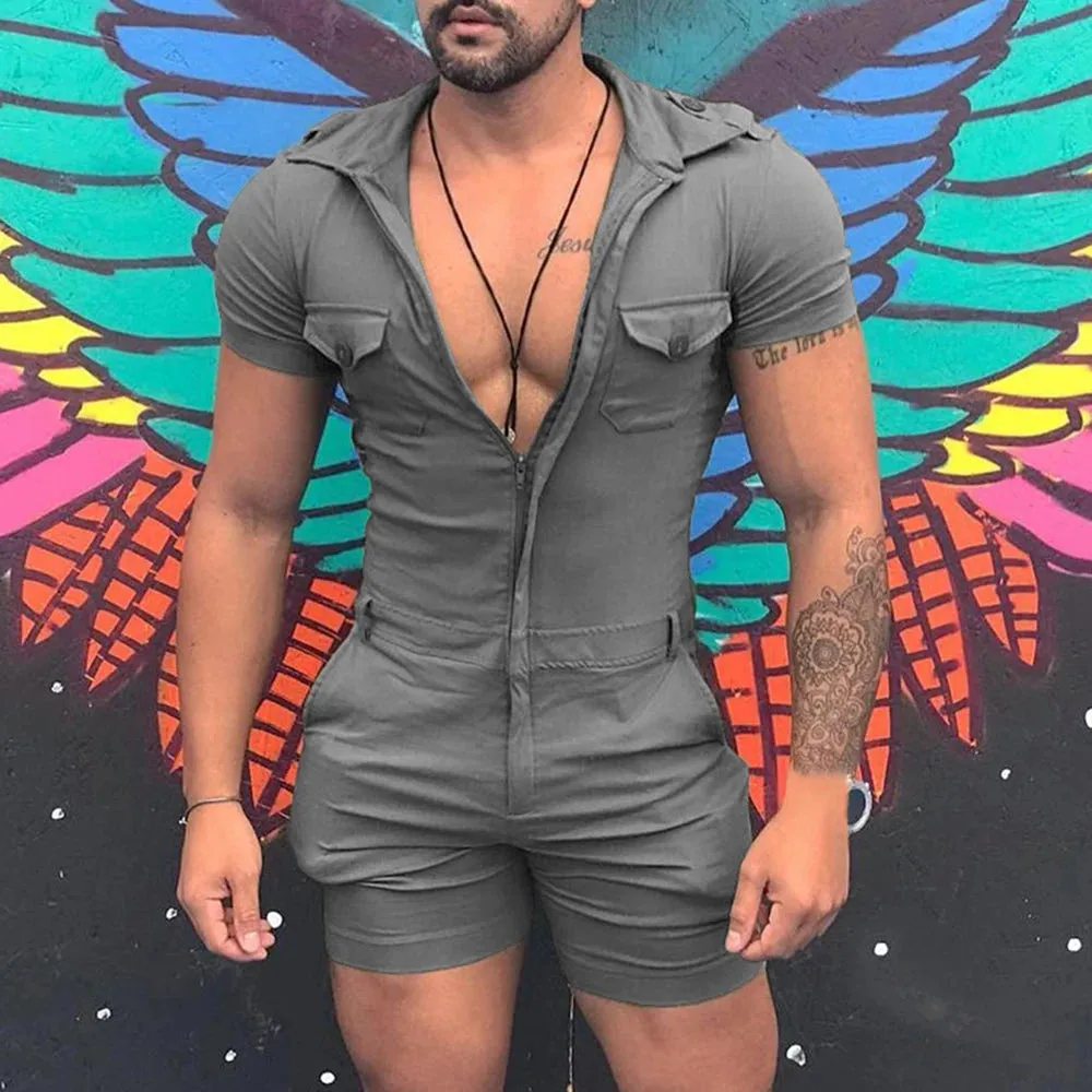 Fashion Jumpsuits for Men 2024 Summer Clothing Solid Color Short Sleeve Overalls Casual Street Wear Work Male Cargo Y2K Clothes