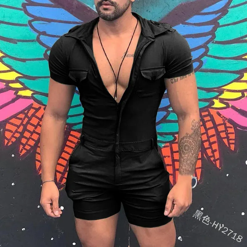 Fashion Jumpsuits for Men 2024 Summer Clothing Solid Color Short Sleeve Overalls Casual Street Wear Work Male Cargo Y2K Clothes