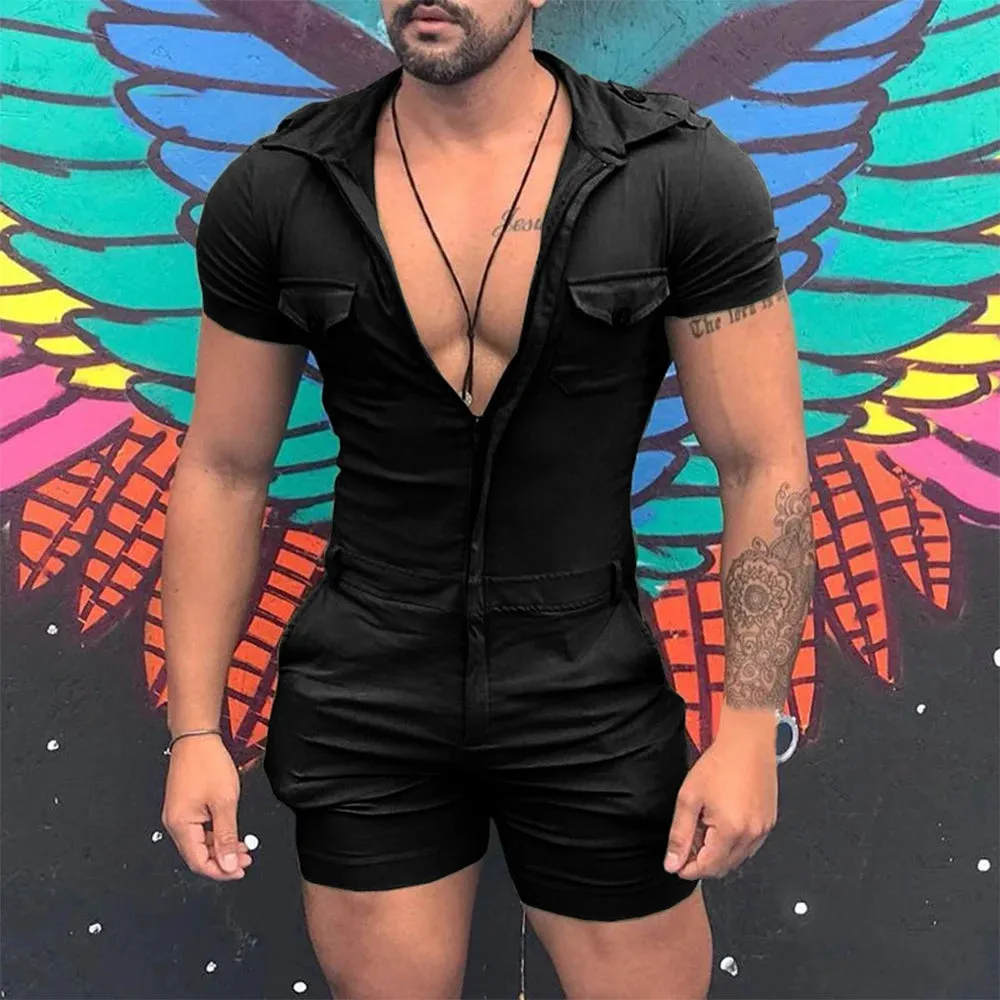 Fashion Jumpsuits for Men 2024 Summer Clothing Solid Color Short Sleeve Overalls Casual Street Wear Work Male Cargo Y2K Clothes