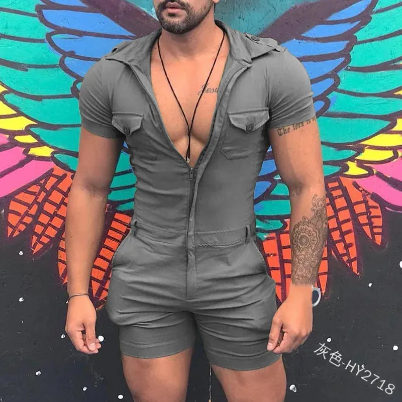 Fashion Jumpsuits for Men 2024 Summer Clothing Solid Color Short Sleeve Overalls Casual Street Wear Work Male Cargo Y2K Clothes