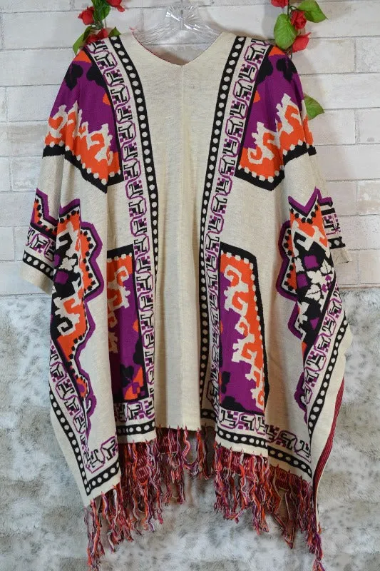 Flying Tomato Wrap Ruana Fringe Poncho - Cream