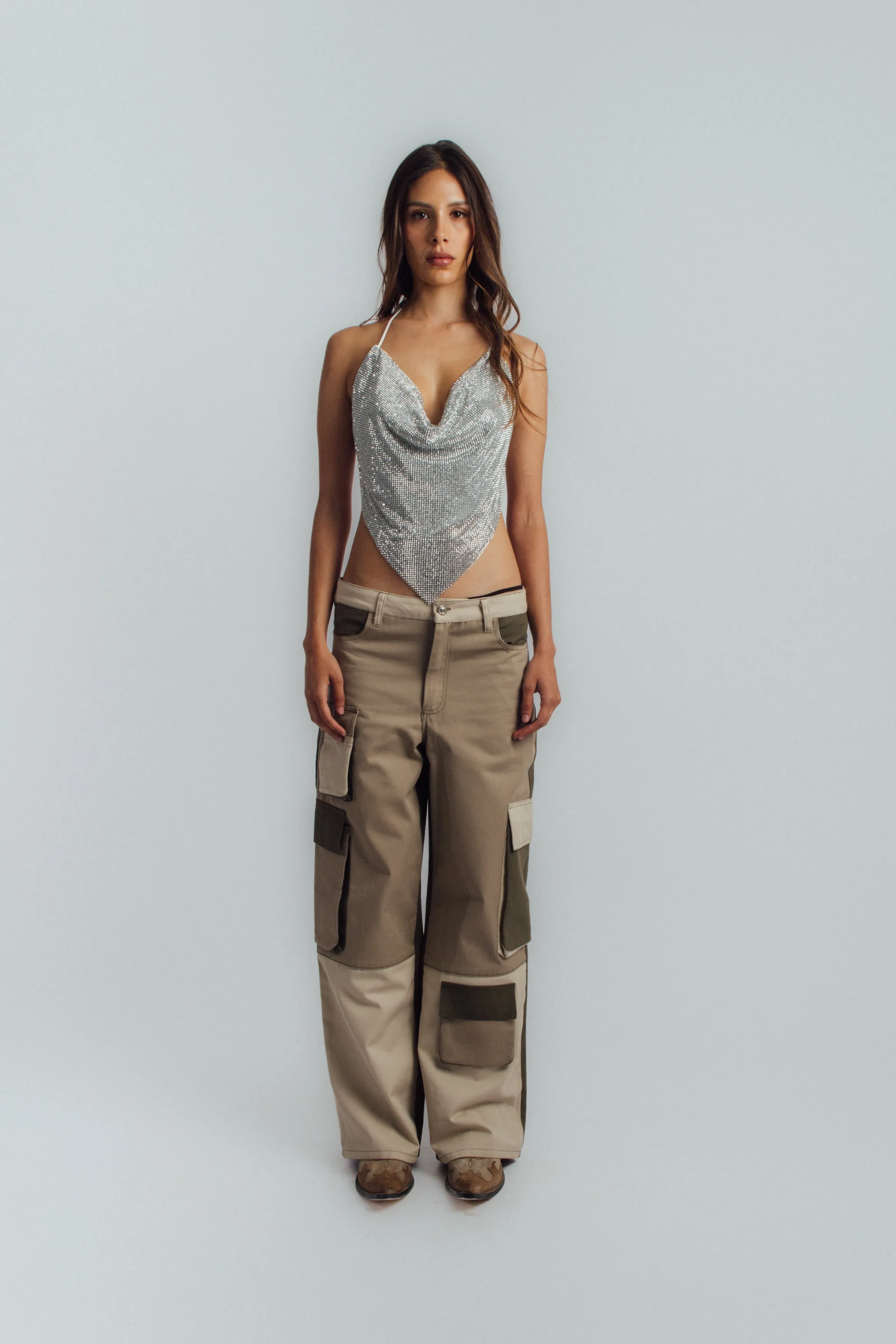 Green color-block cargo pants