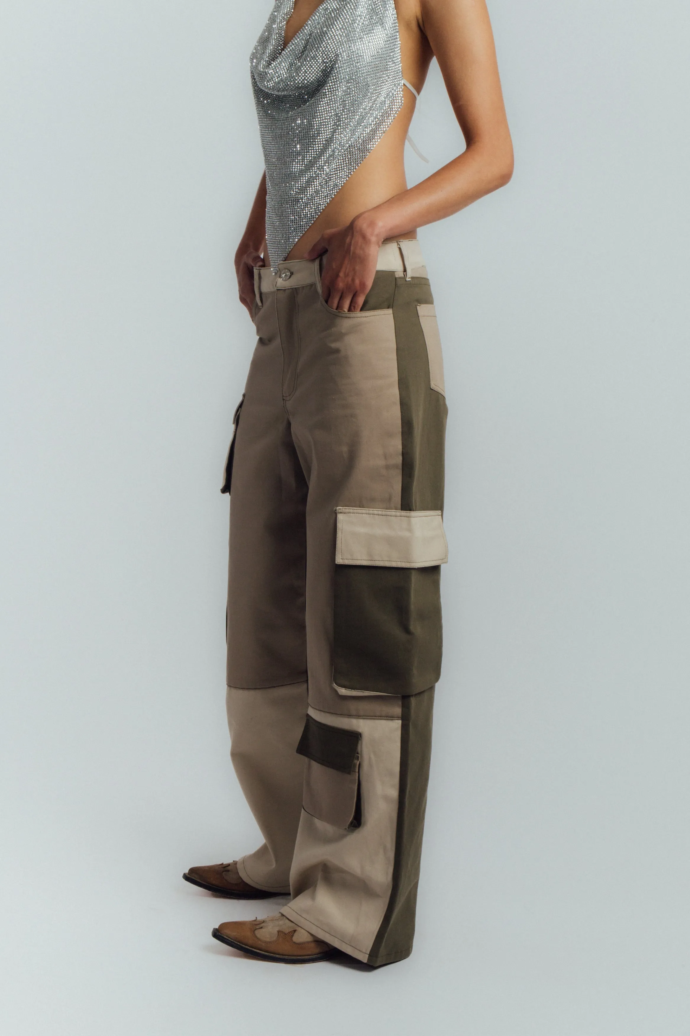 Green color-block cargo pants