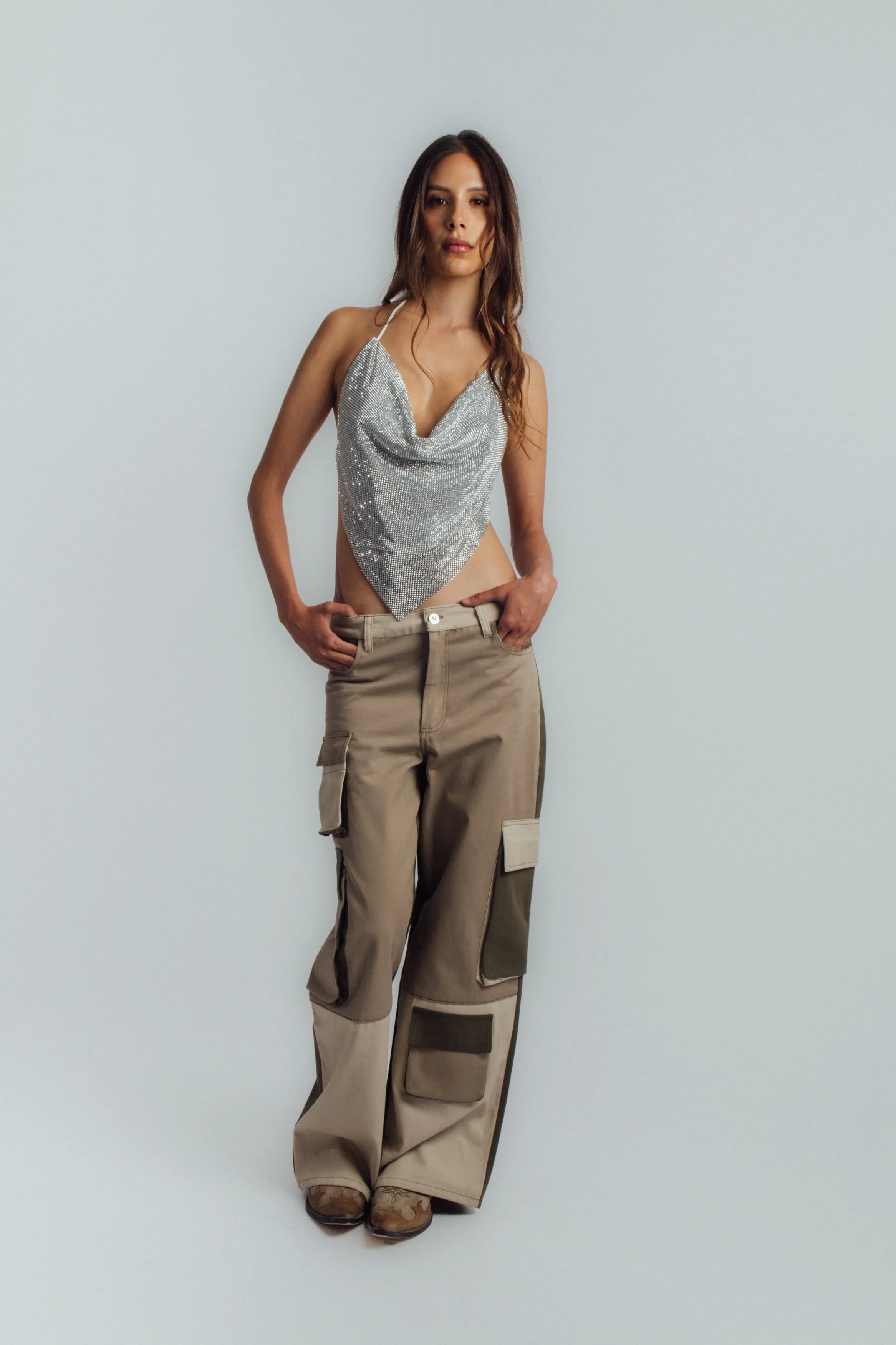 Green color-block cargo pants