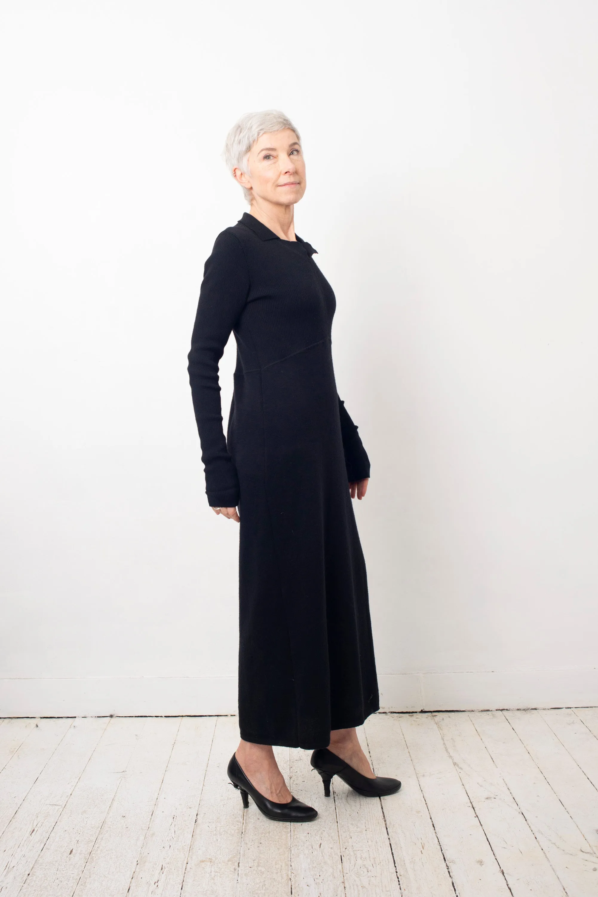 Helena van Haeren 2000's black ribbed wool maxi dress with large pocket detail