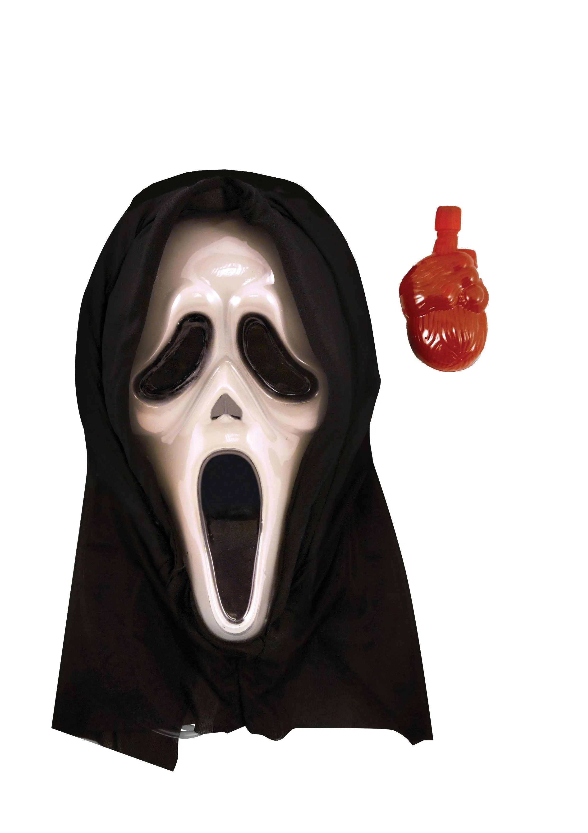 Horror Costume Set: Long Black Cape with Hood, Bleeding Scream Mask, and Fake Bloodied Kitchen Knife (50 cm)
