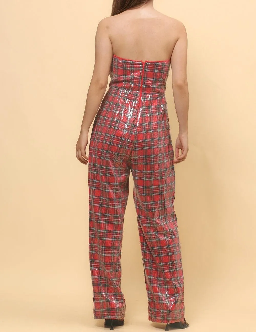 Ladies Christmas Sequin Plaid Jumpsuit Bowknot Overall SKJ4920
