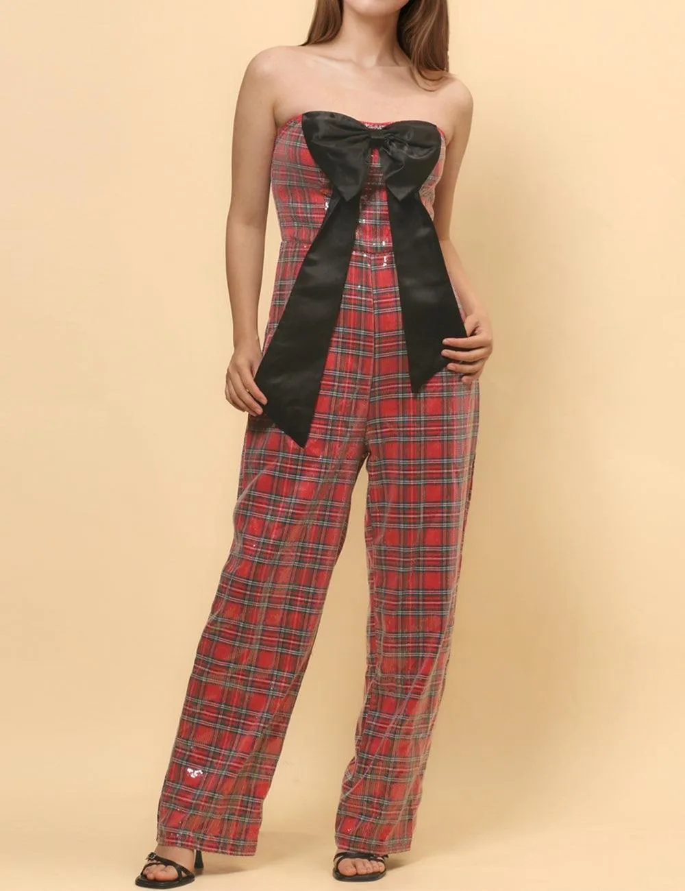 Ladies Christmas Sequin Plaid Jumpsuit Bowknot Overall SKJ4920