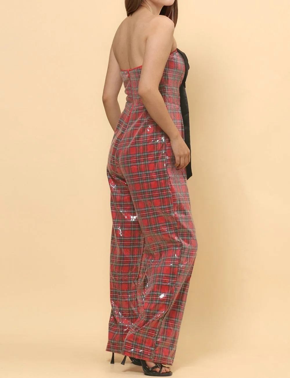 Ladies Christmas Sequin Plaid Jumpsuit Bowknot Overall SKJ4920