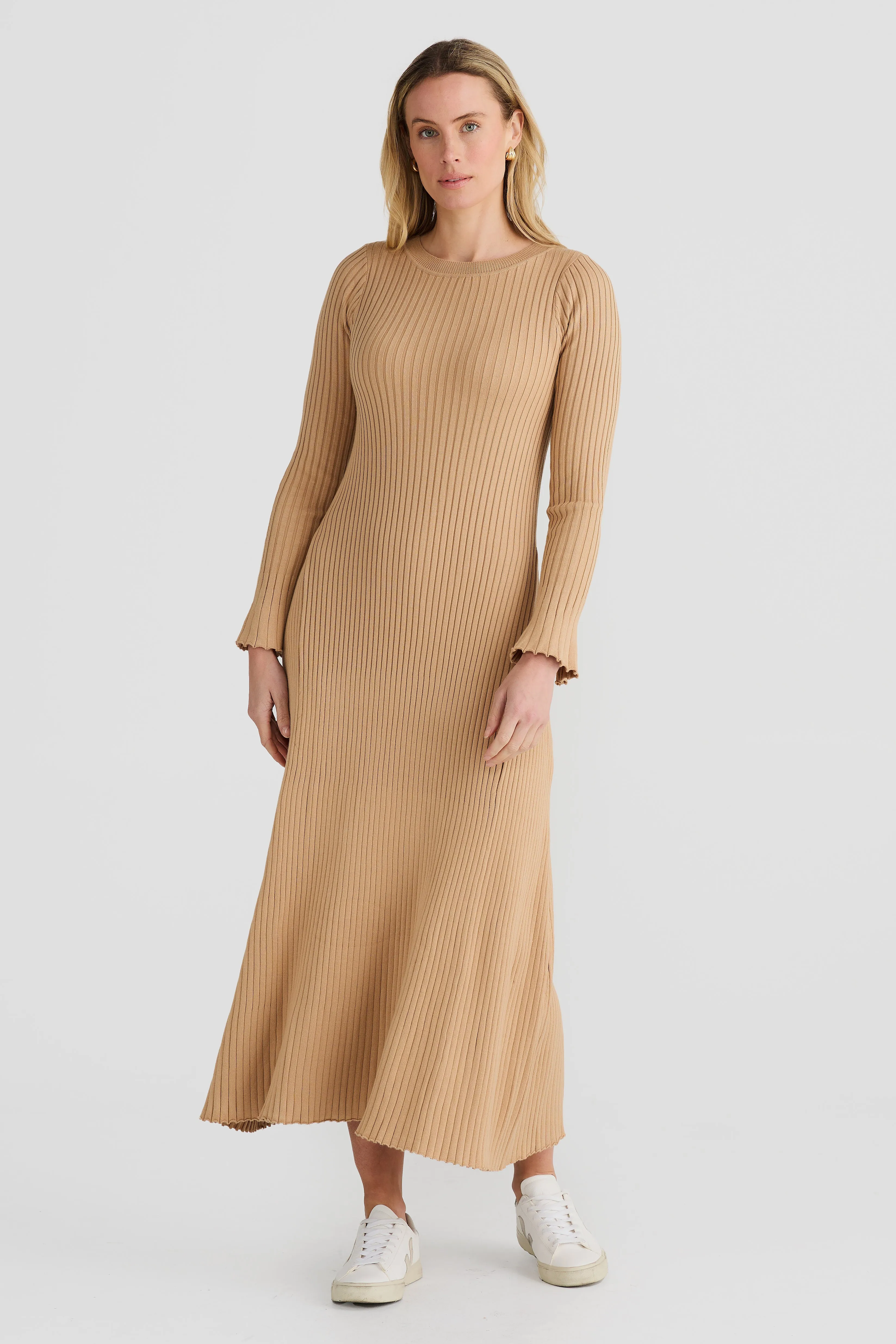Long Sleeve Rib Knit Dress - Sandstone