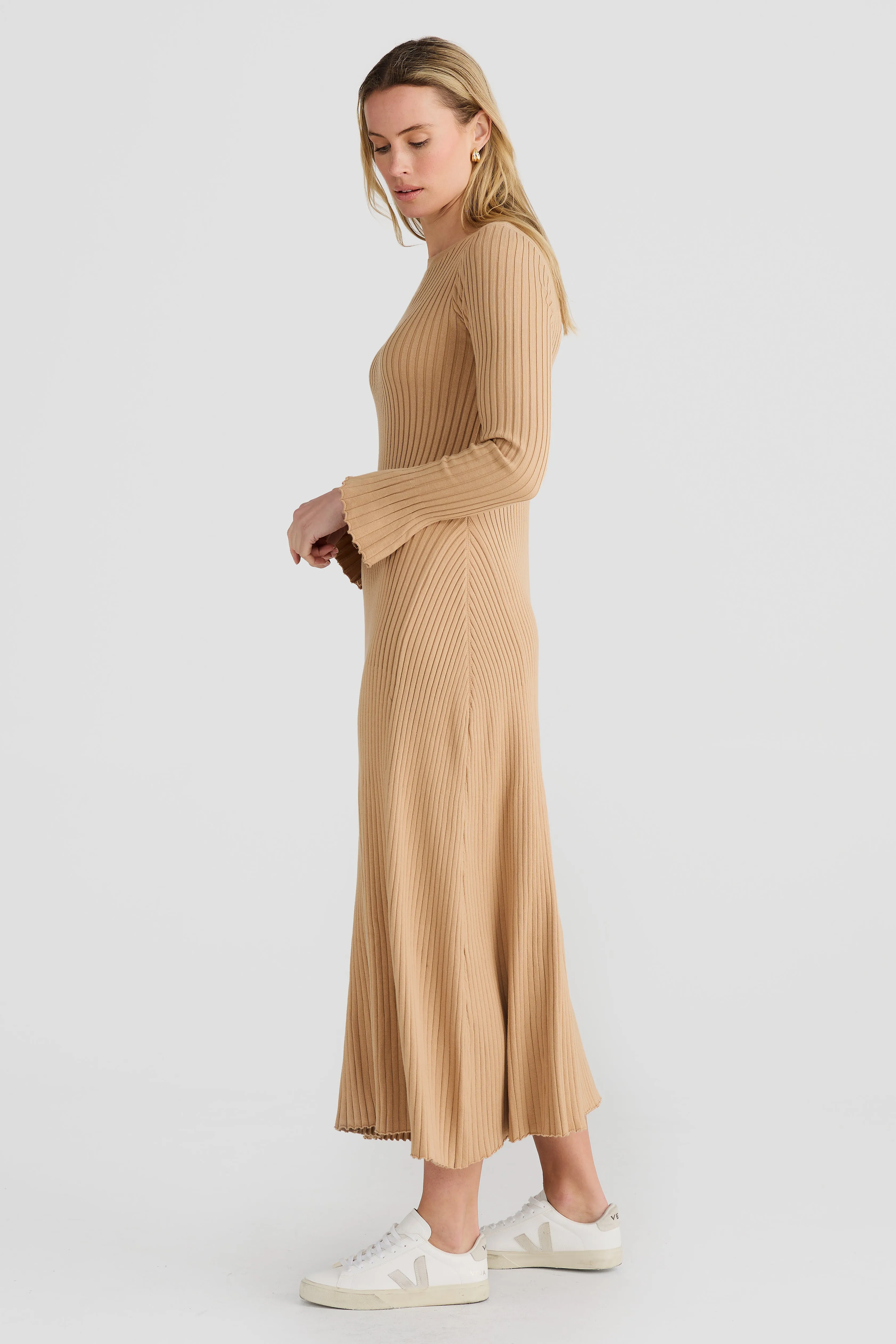 Long Sleeve Rib Knit Dress - Sandstone
