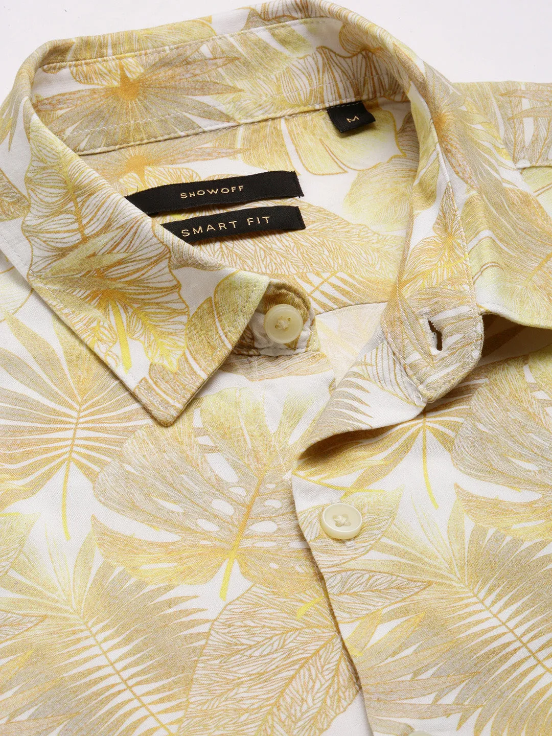 Men Spread Collar Floral Yellow Casual Shirt