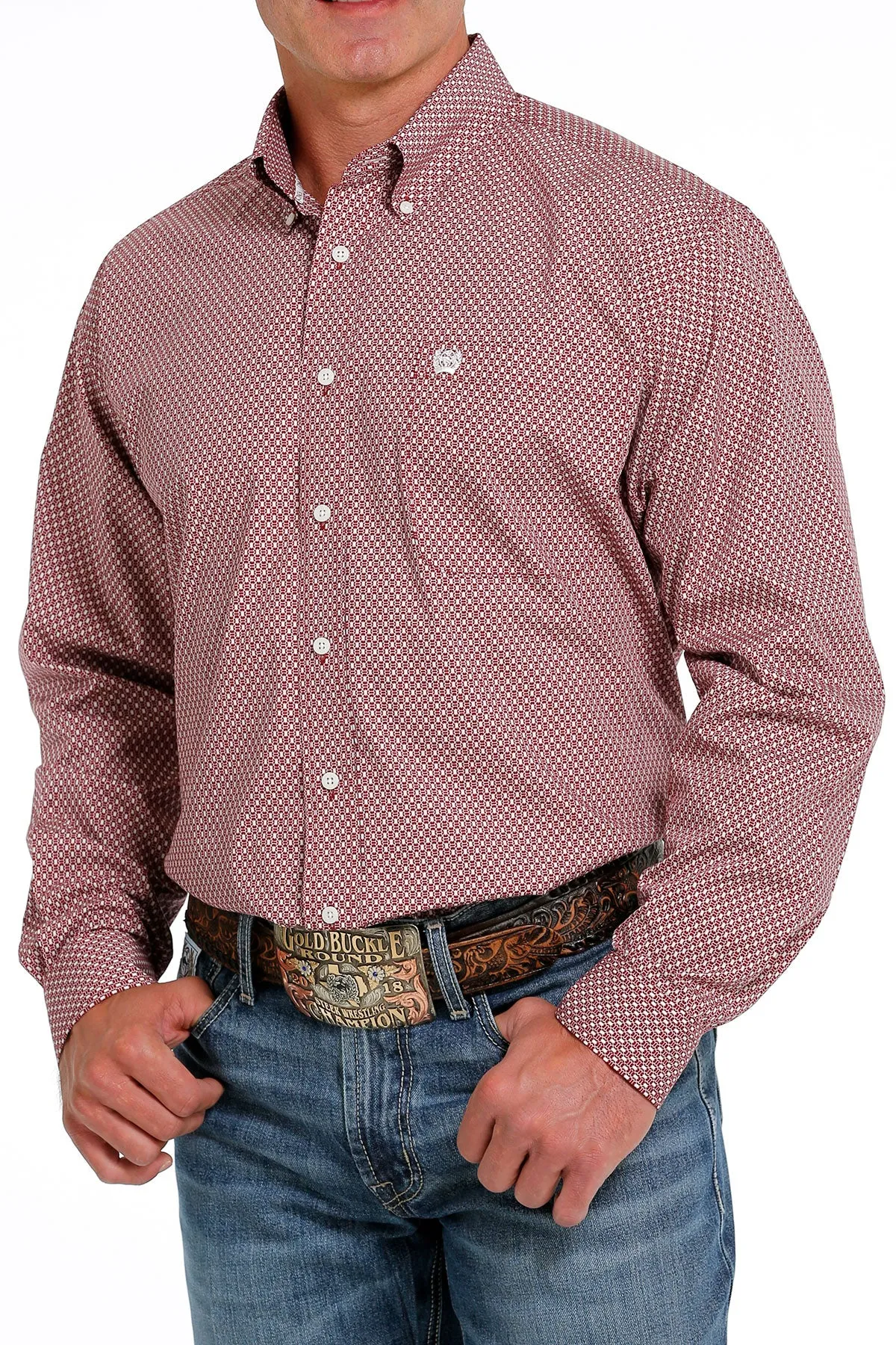 Men's Cinch Burgundy Geometric Print Long Sleeve Shirt - MTW1105621