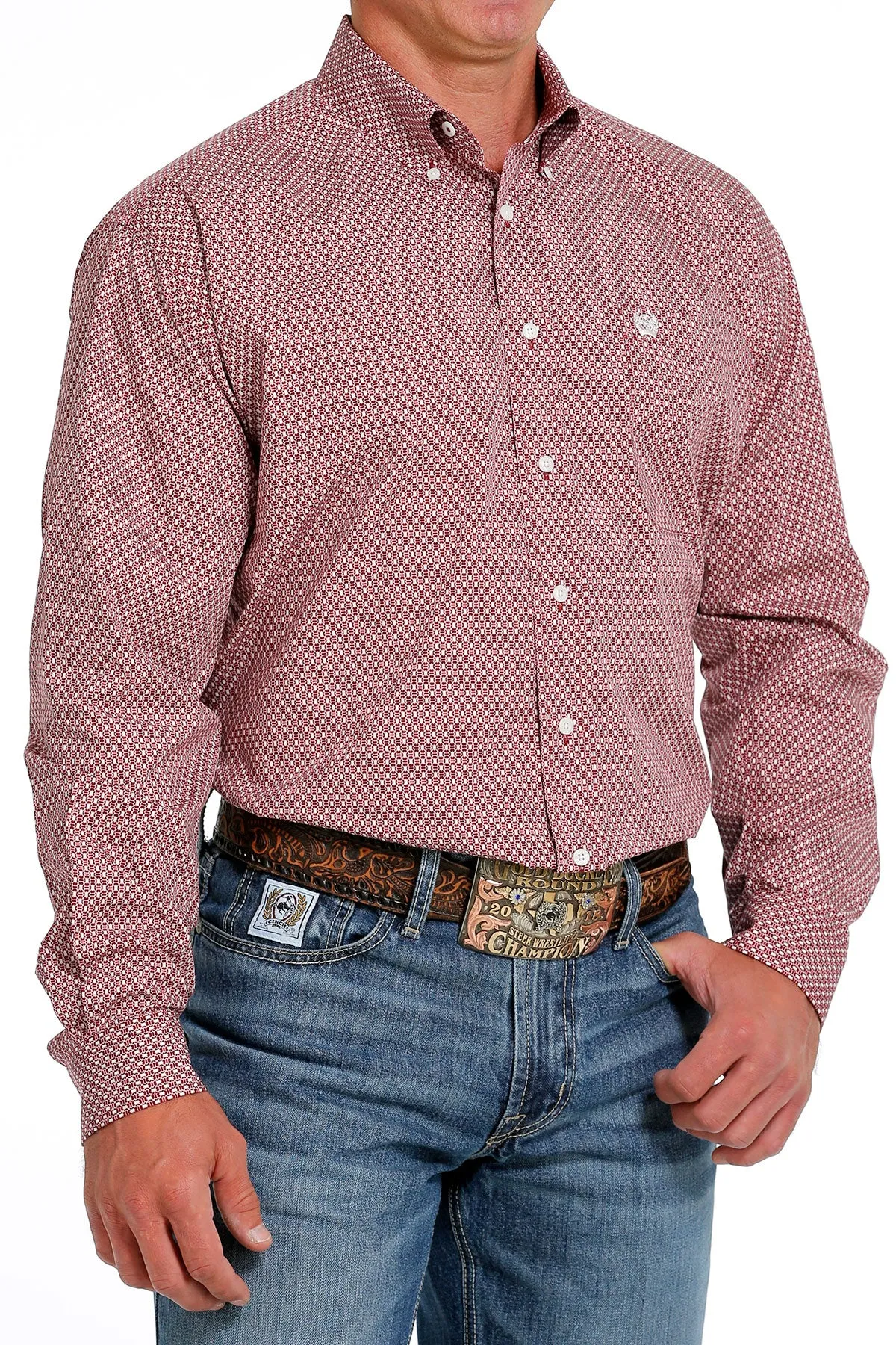 Men's Cinch Burgundy Geometric Print Long Sleeve Shirt - MTW1105621