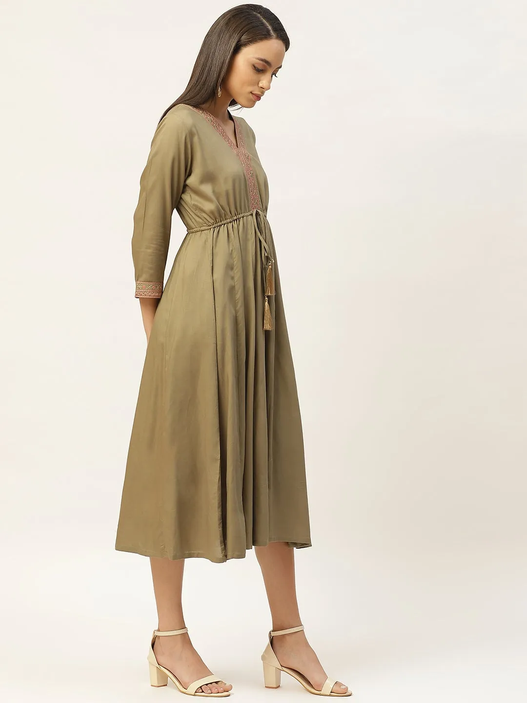 Olive V-Neck Embroidery Anarkali Dress