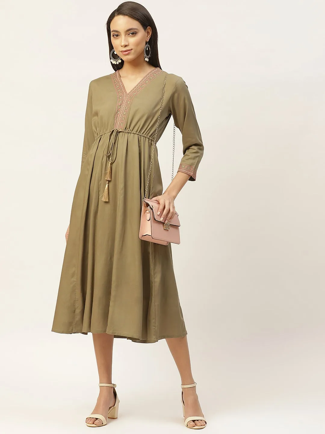 Olive V-Neck Embroidery Anarkali Dress