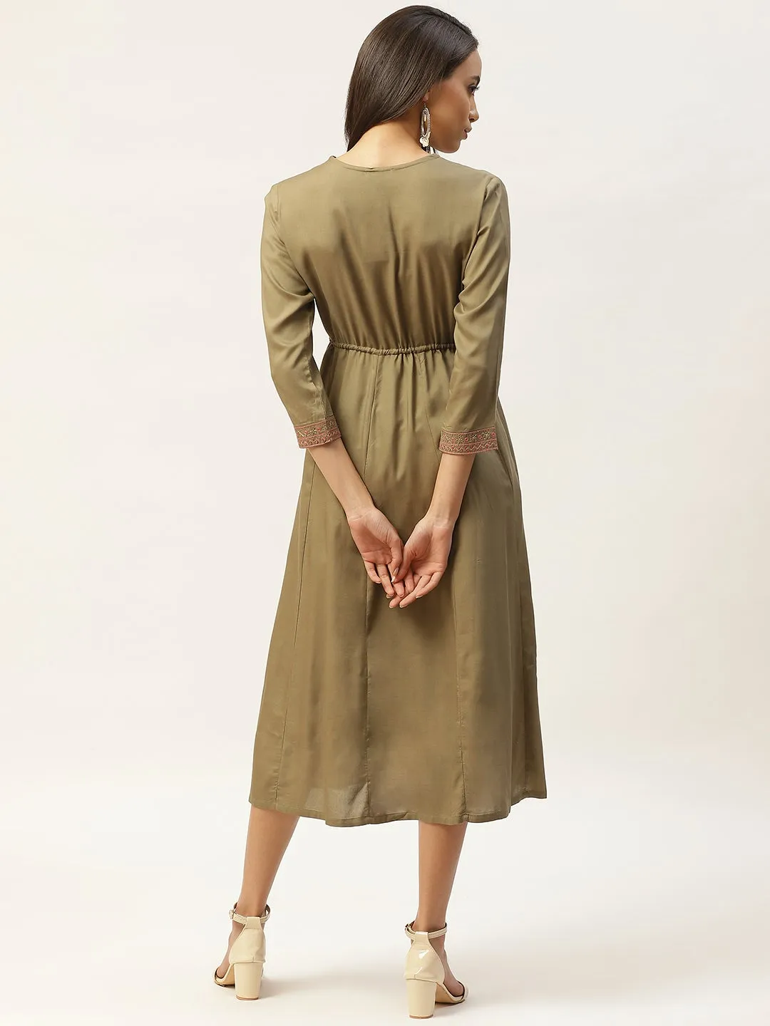 Olive V-Neck Embroidery Anarkali Dress