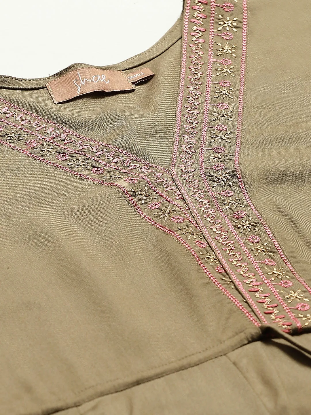 Olive V-Neck Embroidery Anarkali Dress