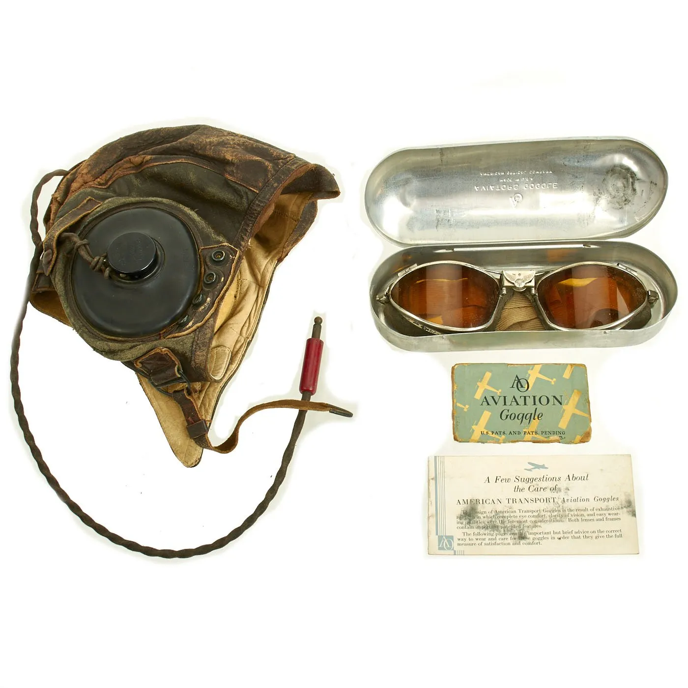 Original U.S. WWII Army Air Force Aviator Flight Helmet Set - AO Goggles, A-11 Helmet, Avionics